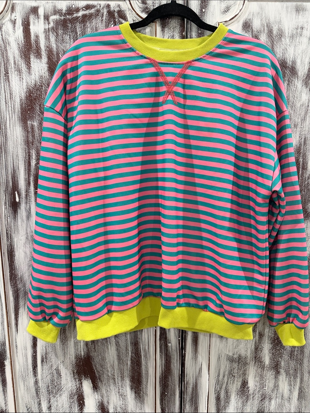 Kids Bright Pink & Teal Striped Sweatshirt with Yellow Trim